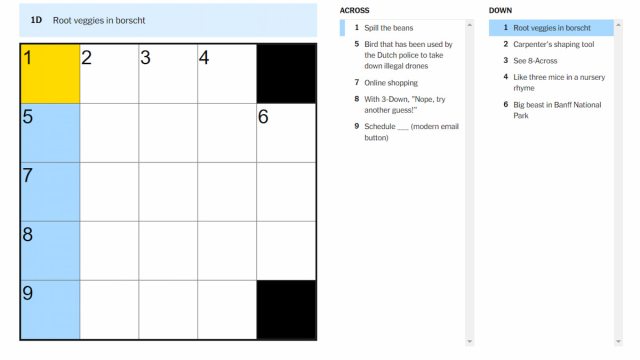 The Root veggies in borscht clue highlighted on the NYT Mini Crossword.