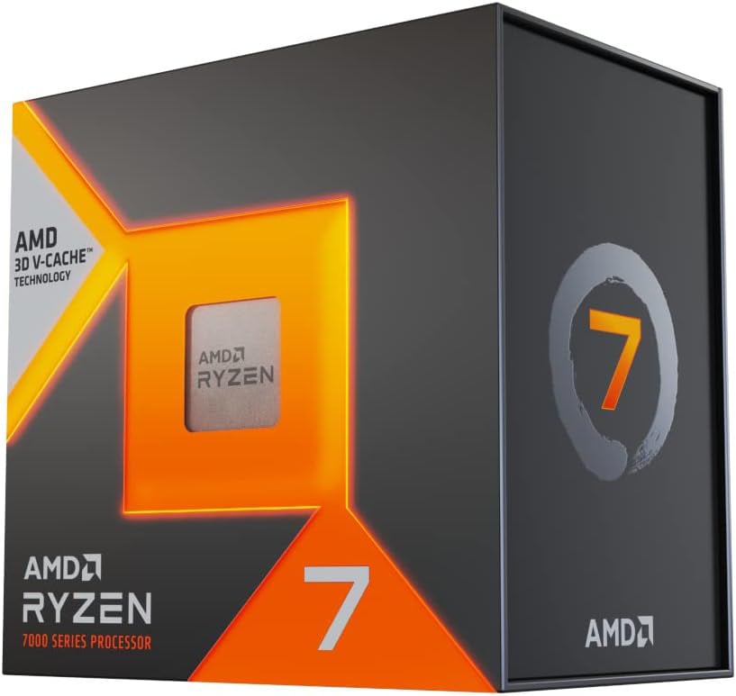 3/4 front view of the AMD Ryzen 7 7800X3D product box. More details below.