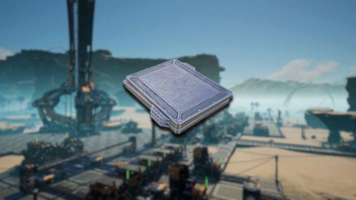 Reinforced Iron Plate icon with a Satisfactory screenshot blurred in the background