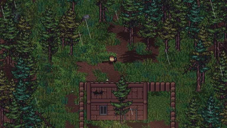 A Zero Sievert character in the forest close to a wooden house.