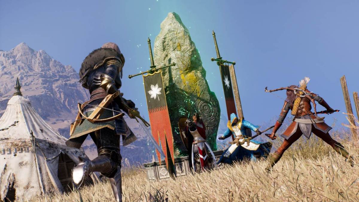 Characters in western medieval fantasy armor charge at each other under banners on a large plain. Promotional image for Throne and Liberty