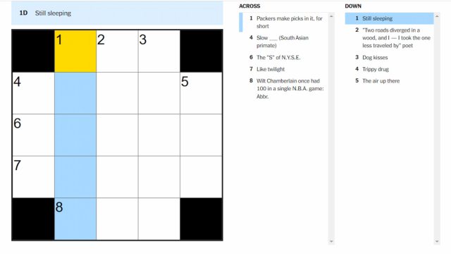 The Still sleeping clue on the NYT Mini Crossword.