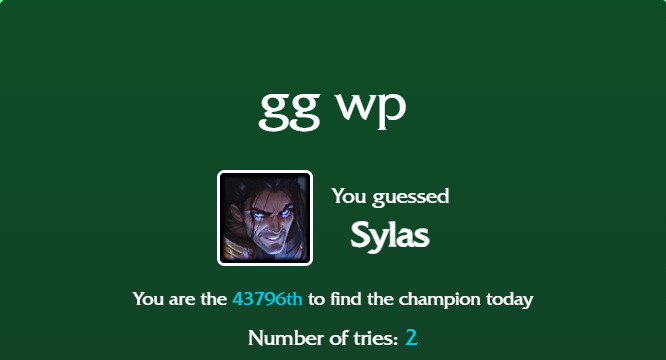 A green LoLdle graphic that says gg wp, you guessed sylas.