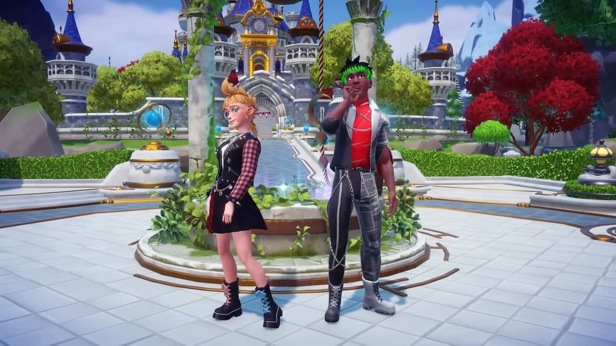 Two characters standing in front of the Plaza well wearing The Night Show rock style clothes in Disney Dreamlight Valley.