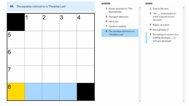 The paradise referred to in 'Paradise Lost' clue highlighted on the NYT Mini Crossword.