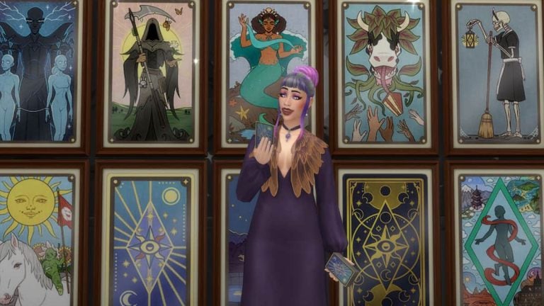 A sim character poses in front of a display of tarot cards.