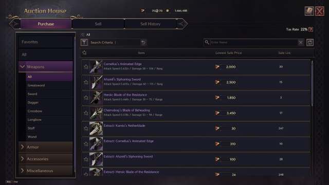 Auction House sword prices in Throne and Liberty