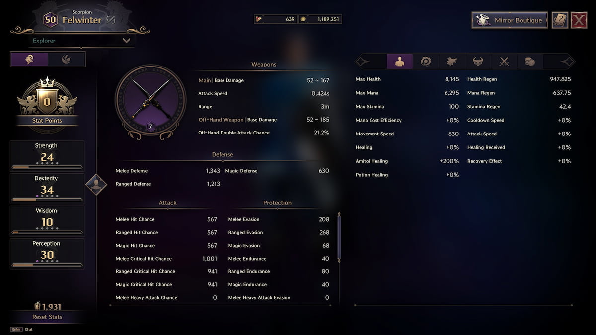 Crossbow Dagger character stats in Throne and Liberty