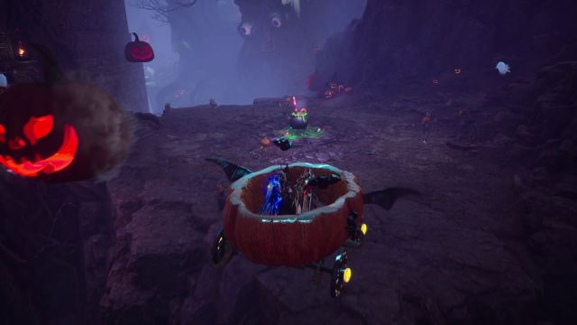 Six Throne and Liberty player characters stand in a flying carriage shaped like a hollowed out pumpkin with wheels. Image from the Haunted Labyrinth event dungeon