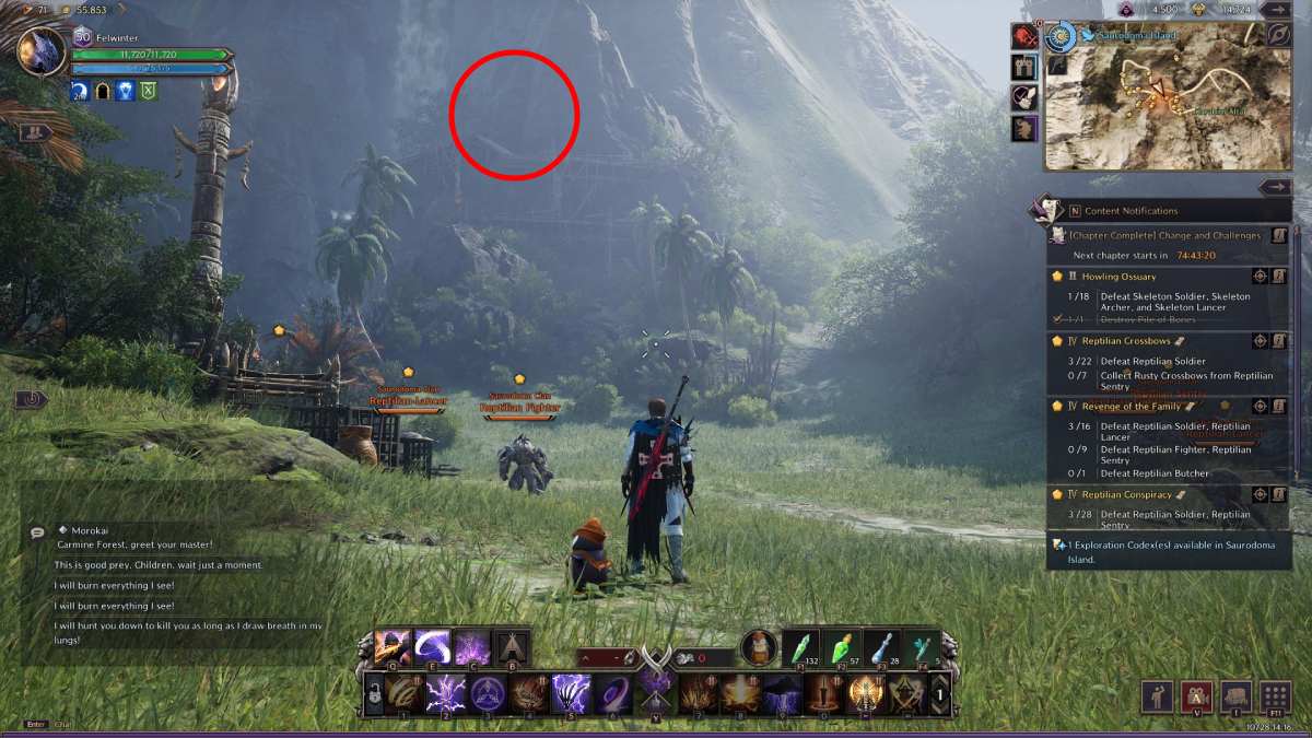 Red circle over the tallest scaffolding on the Saurodoma Island in Throne and Liberty