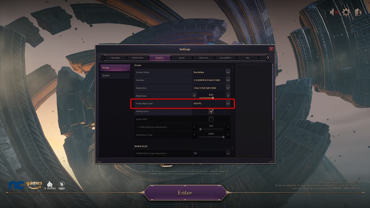 The graphics setting page in Throne and Liberty.