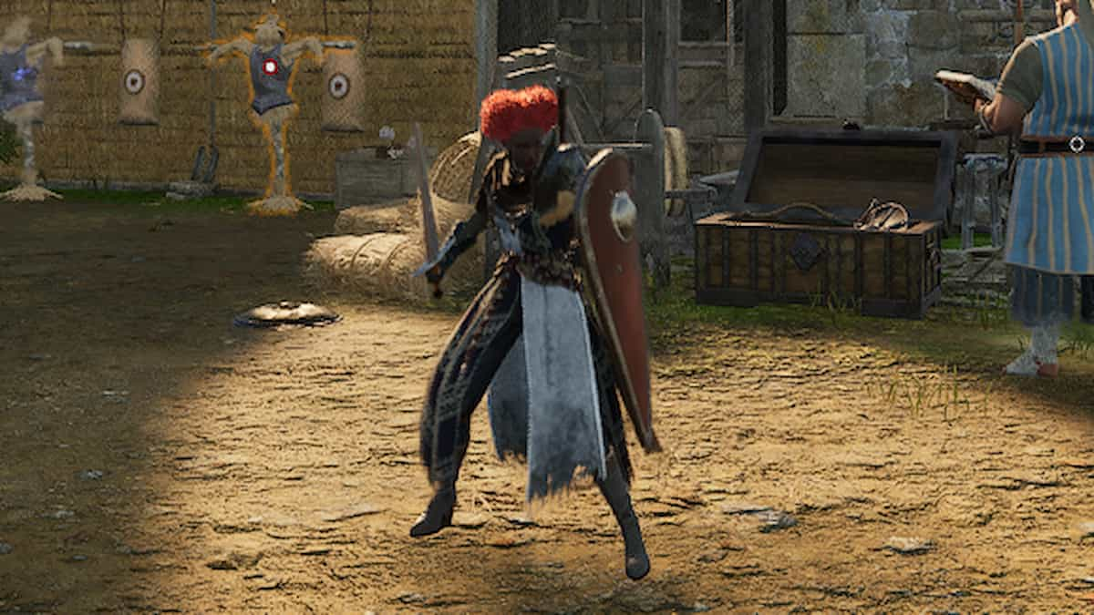 A player with red hair, dark sink and heavy armor holding sword and shield in Throne and LIberty.