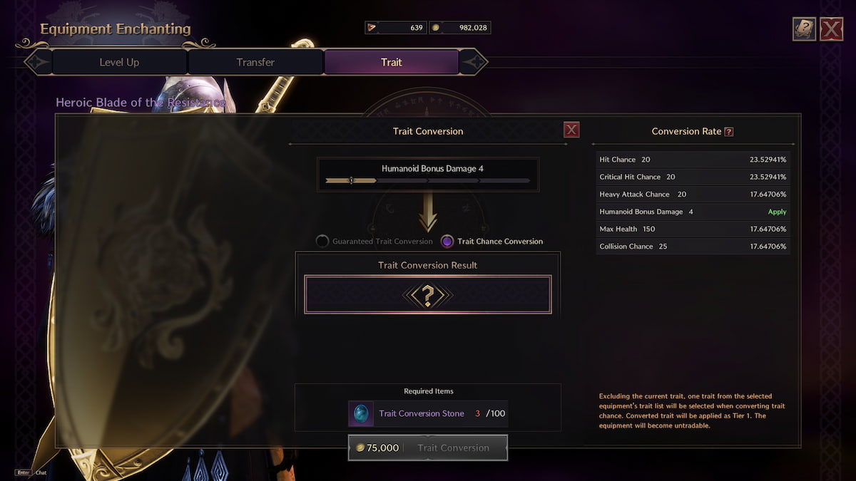 Trait conversion screen in Throne and Liberty