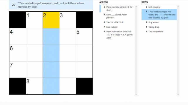 The 'Two roads diverged in a wood, and I — I took the one less traveled by' poet clue highlighted on the NYT Mini Crossword.