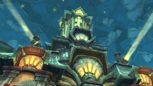 Liberation of Undermine building in World of Warcraft with large lights and a wooden sky.