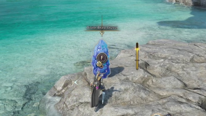 A player looking at a large blue crystal on a rocky shore labeled "Divine Beast Crystal." Image of where to get vitalstones in Throne and Liberty