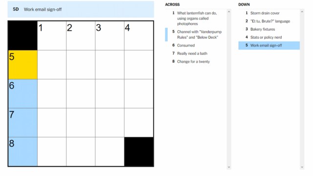 The Work email sign-off clue on the NYT Mini Crossword.