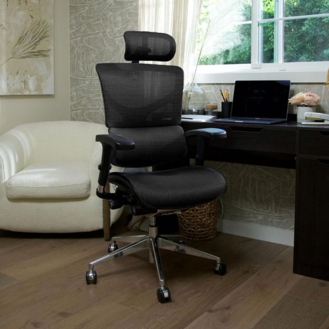 The X-Chair X2 in a moderately lit home office setting. The X2 is a black rolling mesh chair with cushioned lumbar support, a mesh headrest, and a cushioned seat. The frame is made of aluminum. More details below.