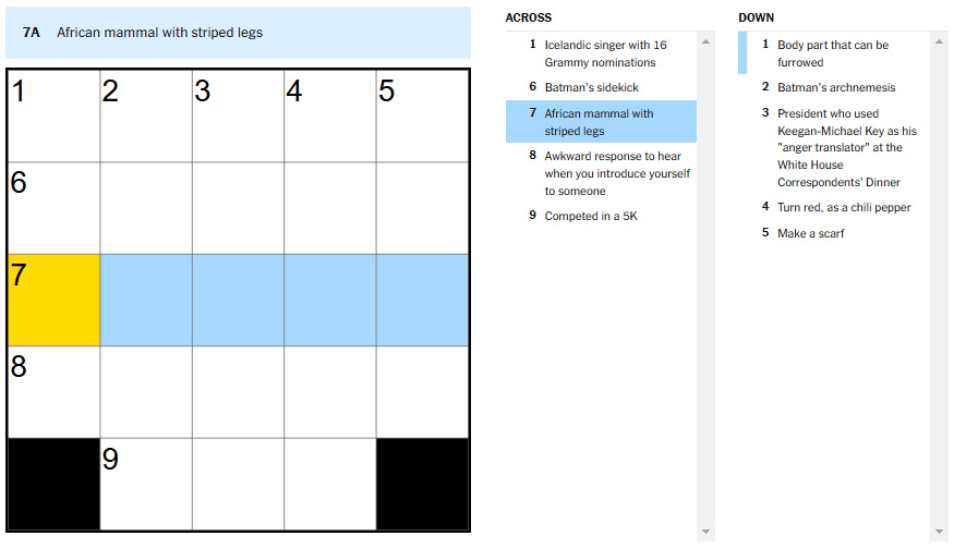 Picture showing the African mammal with striped legs clue in NYT Mini Crossword.