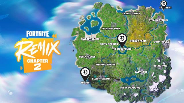 Picture showing the in-game Fortnite map showing location of all the bosses in the game Remix season.