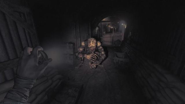 Looking at the beast holding the rabbit doll in the main tunnels of The Bunker