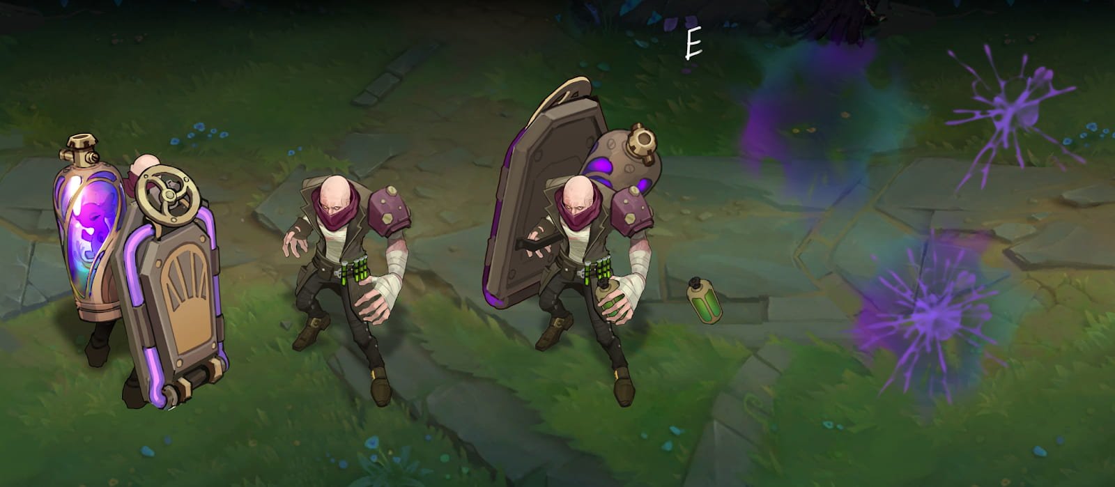 Singed holds a large door-like shield and a purple bottle of toxin.