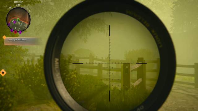 A player looking through a sniper scope at cans on a fence.