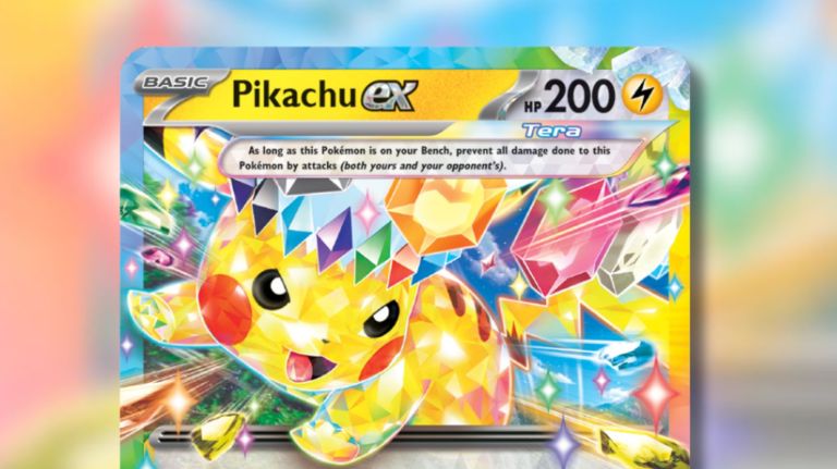 Tera Pikachu ex Pokémon card with sparkly crystal rainbow background.