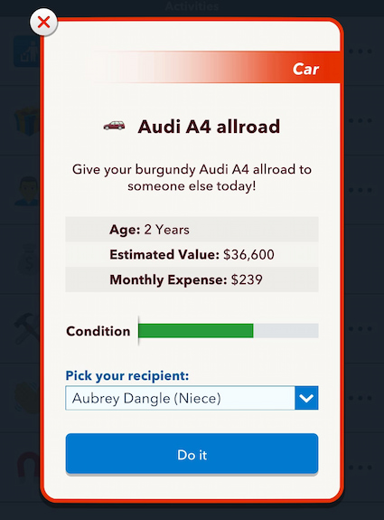 Picture showing Its Giving Tree challenge car donation in Bitlife.