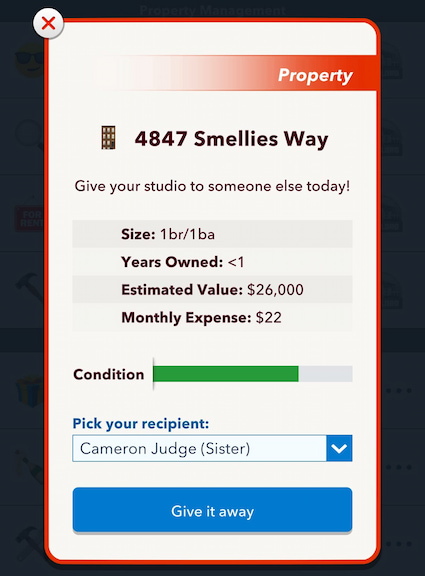 Picture showing the give away house in Thanksgiving Scavenger Hunt in Bitlife.