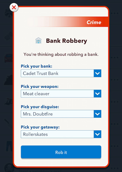 Picture showing the bank robbing in Thanksgiving Scavenger Hunt in Bitlife.