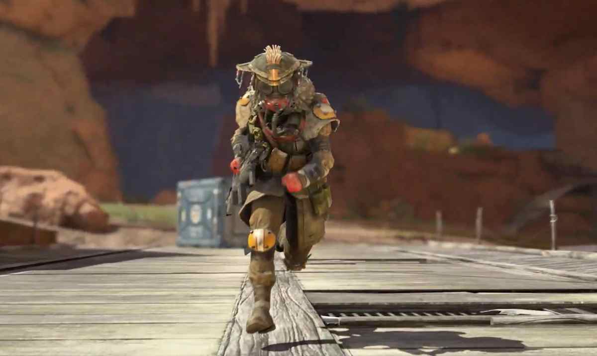 Bloodhound runs across a bridge in Kings Canyon, a map from Apex Legends.