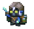 The Brave Merchant from Core Keeper, a humanoid figure wearing green glasses and holding something blue in his hand.