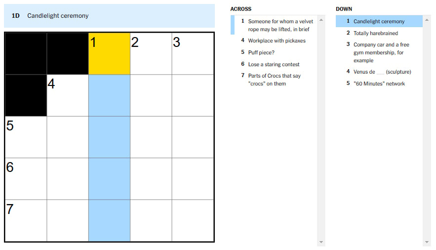 Picture showing the Candlelight ceremony clue in NYT Mini Crossword.