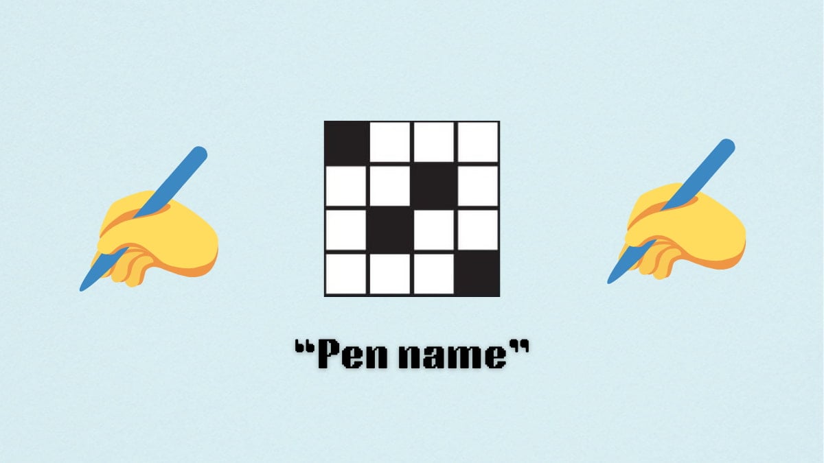 A blank crossword puzzle between two writing emojis, above a clue.