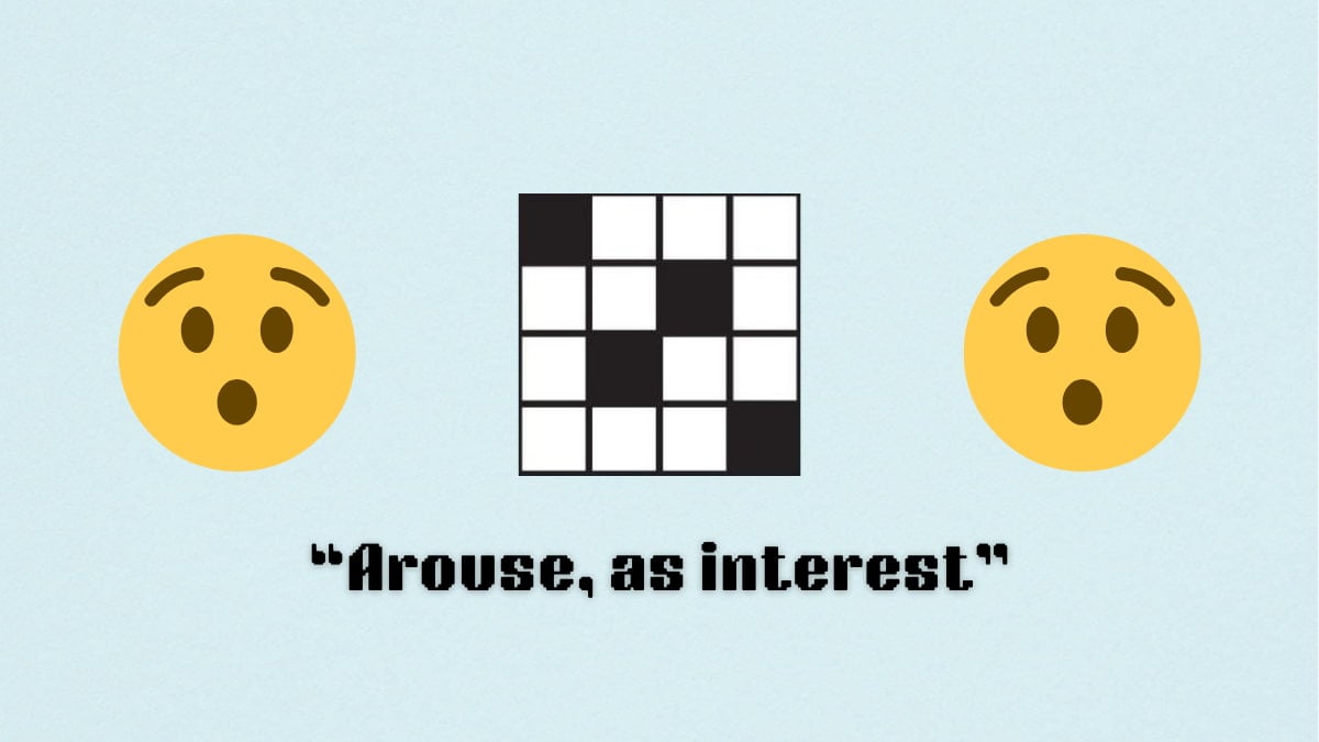 A blank crossword puzzle between two emojis, above a clue.