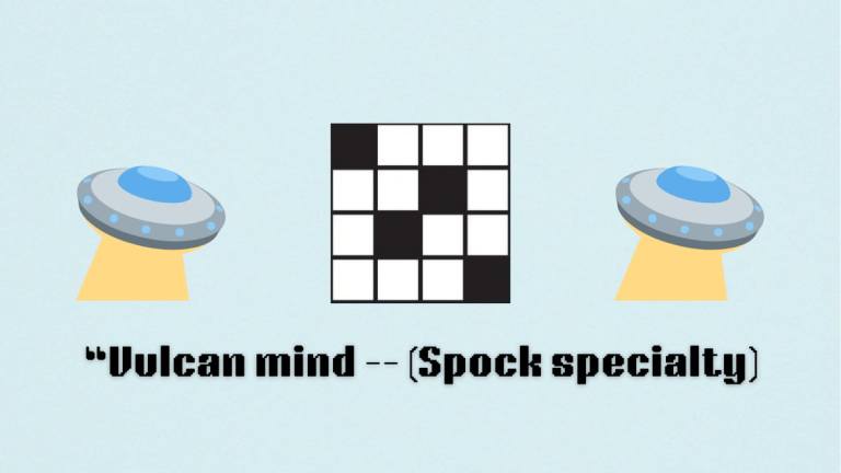 A blank crossword puzzle between two flying saucer emojis, above a clue.