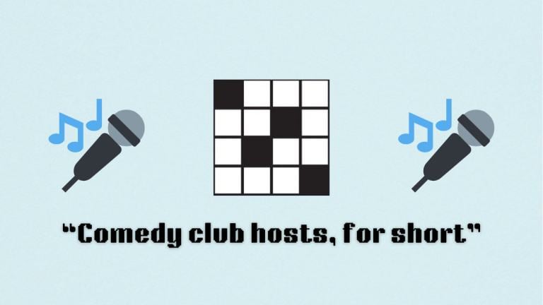 A blank crossword puzzle between two microphone emojis, above a clue.