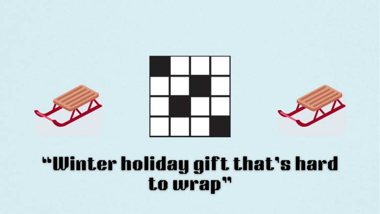 A blank crossword puzzle between two sled emojis, above a clue.