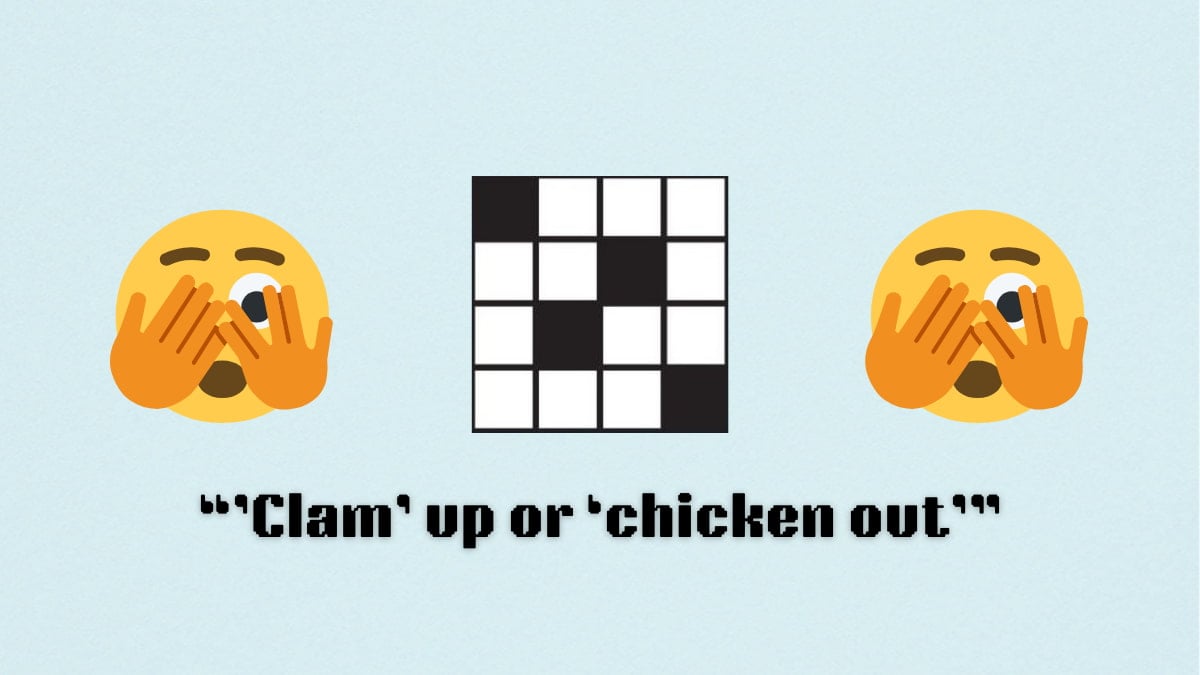 A blank crossword between two shy face emojis, above a clue.