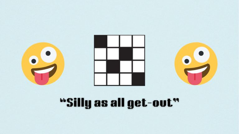 A blank crossword between two silly faced emojis, above a clue.