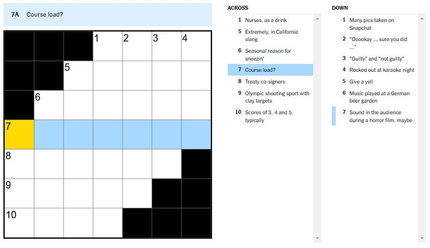 Picture showing the Course load clue in NYT Mini Crossword.