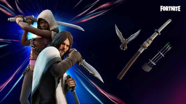 Daryl and Michonne holding their signature weapons in Fortnite.