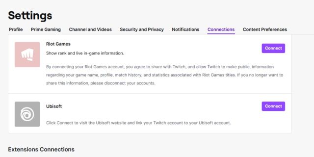 Information about Twitch linked accounts showing the Riot Games logo.