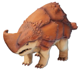 A rhinocerous-like creature with orange hide and tan legs. This shows readers the Dune Armadillo from Enshrouded