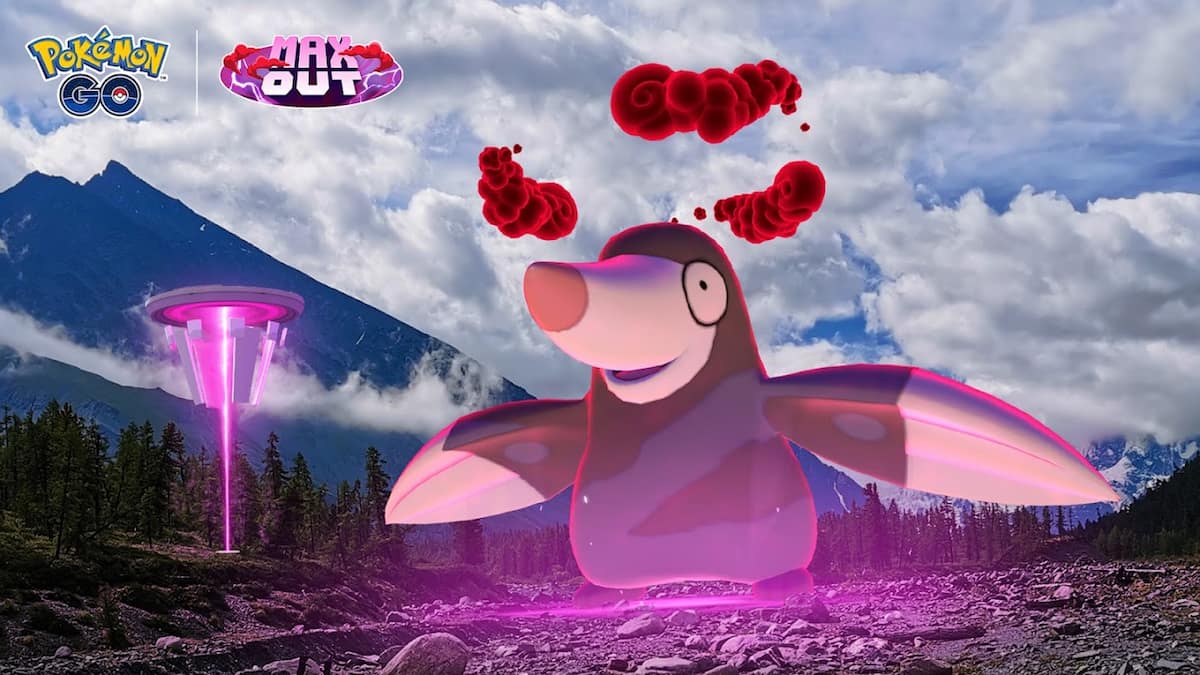 A giant Drilbur, a mole-like Pokemon, emerges in a forest with a mountain in the background.