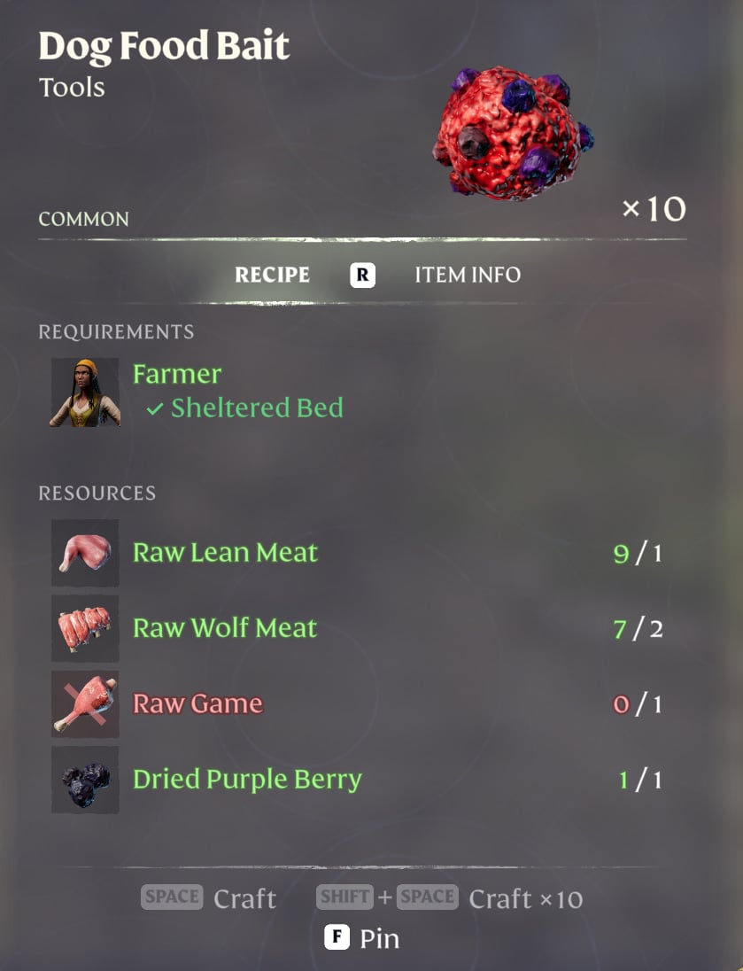 A screenshot from Enshrouded shows readers what the ingredients are for Dog Food Bait, including different types of meat and berries.