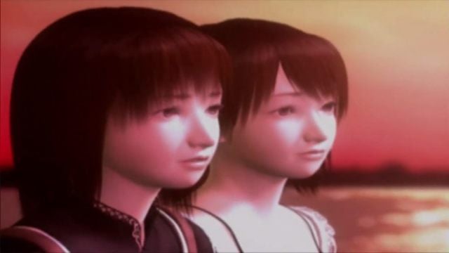 Close up of Mayu and Mio's faces with the sunset in the background across the sea