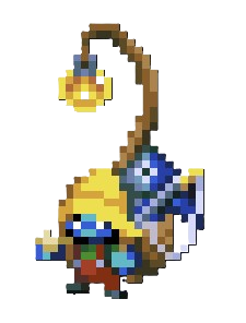 The Fishing Merchant in Core Keeper, a blue pixelated creature with a yellow rain hat and a long lantern stick above his head.