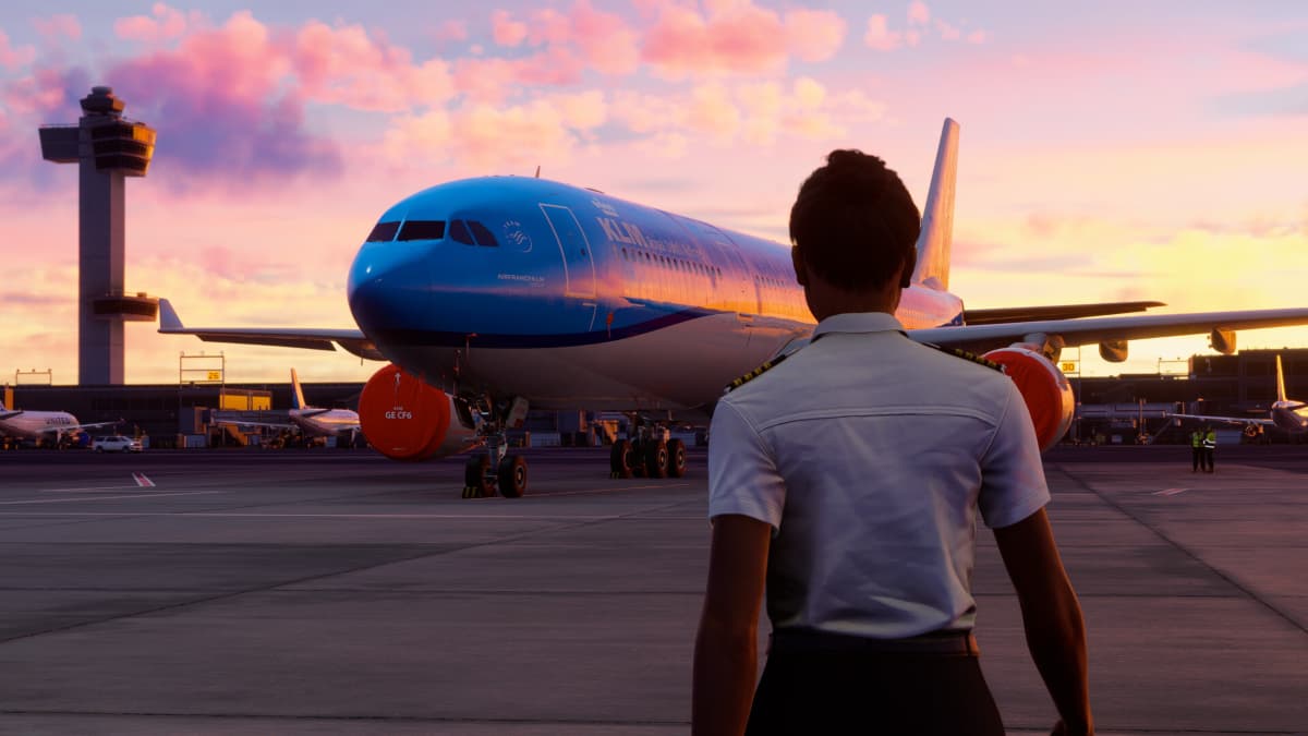 A pilot walking towards a passenger jet in Microsoft Flight Simulator 2024.